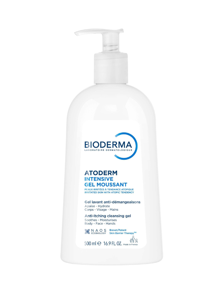 Bioderma Atoderm Intensive Foaming Gel ultra-soothing & unfragranced body wash for very dry skin, and itchy skin prone to eczema 500Ml